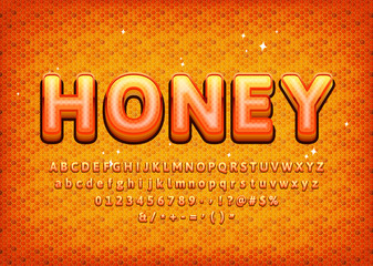Sweet Honey alphabet with realistic pattern. Numbers, 3d letters, symbols. Vector illustration.