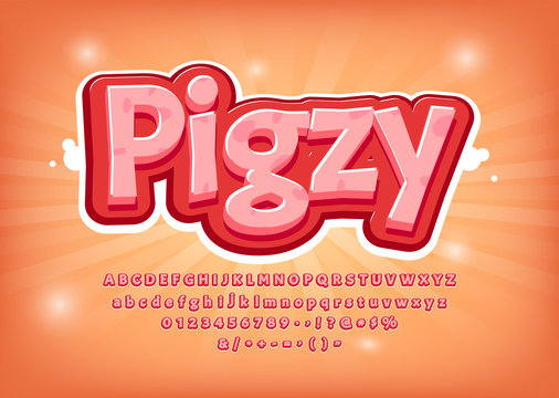 Funny game logo or menu. 3d Pig font, comic style title, text effect, vector pink alphabet. Numbers, symbols