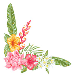 Decorative element with tropical flowers and leaves.