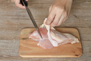 Hands pulling the skin off a piece of chicken.Prepare to cook with chicken breast on wooden table.