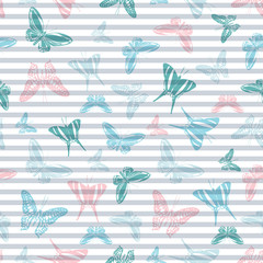 Flying butterfly silhouettes over striped background vector seamless pattern.
