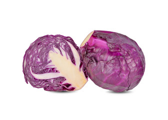 whole and half cut fresh red cabbage on white background