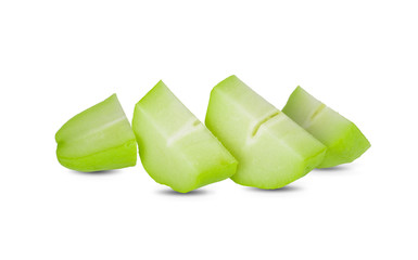 portion cut fresh Chayote on white background