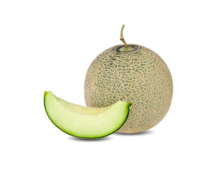 whole and sliced green melon with stem on white background