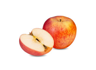 whole and half cut ripe apple with stem on white background