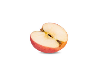 half cut ripe apple with stem on white background