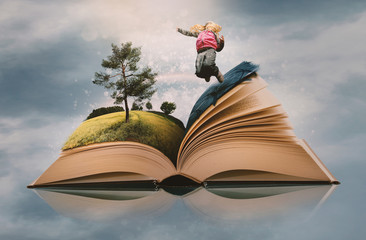 Open Book with Abstract Story on Pages - Landscape with Tree and Jumping Girl with Sky on Background. Creative Novel Concept.