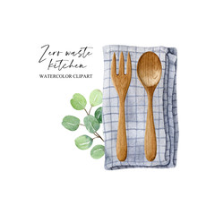 Zero waste watercolor kitchen concept isolated on white background. Wooden cutlery on linen napkin and eucalyptus branch. Bamboo fork and spoon. No plastic, organic, eco-friendly lifestyle.