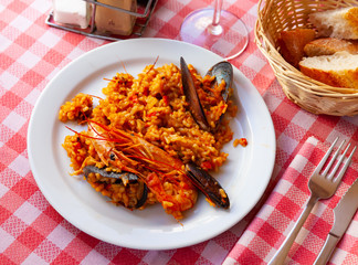 Seafood paella with mussels and prawns