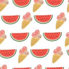 Summer seamless pattern with ice cream and watermelon.