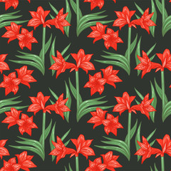 Hippeastrum amaryllis lilly blooming flowers seamless pattern. Elegant tender floral foliage garland bouquet. Vector design illustration.