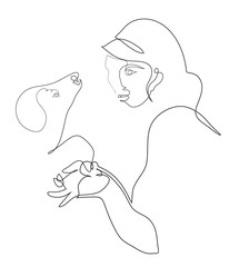 One continuous line drawing of pet lover and dog. Girl embracing her domestic animal.