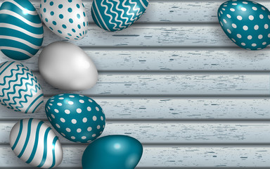 Easter cards, banner with painted eggs on a wooden background. Eggs with geometric patterns. Vector illustration, concept. Background of aged, shabby painted boards on which chicken eggs are scattered