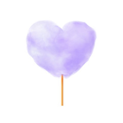 Purple heart shape cotton candy. Realistic purple heart shape cotton candy on wooden stick. Summer tasty snack for children. 3d vector realistic illustration isolated on white background