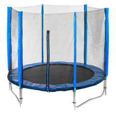 blue trampoline with safety net on white background