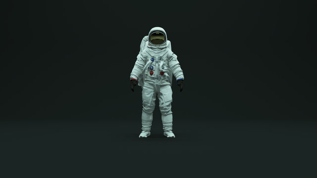 Astronaut with Gold Visor and White Spacesuit With Dark Grey Background with Neutral Diffused Top Kino Lighting Front View 3d illustration 3d render