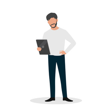 flat vector illustration people businessman watching ipad tablet. perfect to use for website, mobile apps and banner