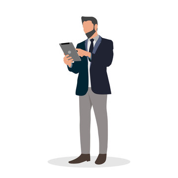 flat vector illustration people businessman watching ipad tablet. perfect to use for website, mobile apps and banner