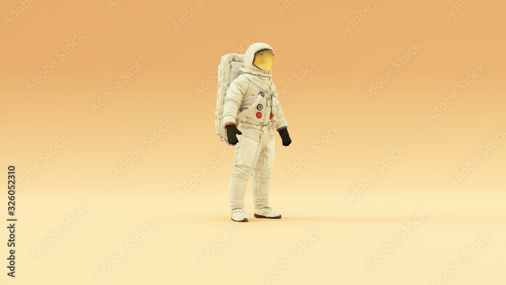 Wall mural astronaut with gold visor and white spacesuit with warm cream background with warm diffused lighting