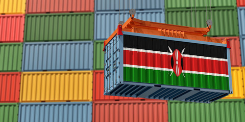 Freight container with Kenya flag. 3D Rendering
