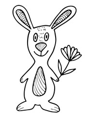 Black and white Easter bunny in doodle style isolated on white background. Vector stock illustration. Hand drawing image for spring decorating.