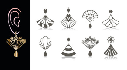 8 Earring Designs. Cutout jewellery with fan, flower, seashell, rope, bell. Template is suitable for creating fashion & charm women jewellery: earrings, necklace or bracelet. 