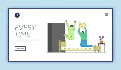 People Home Pastimes Website Landing Page Concept. Girls Are Having Pillow Battle On the Bed. Women Are Enjoying Spending Time Together. Web Page Cartoon Outline Linear Flat Vector Illustration