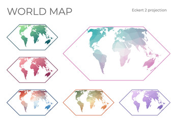Low Poly World Map Set. Eckert II projection. Collection of the world maps in geometric style. Vector illustration. © Eugene Ga