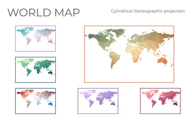 Low Poly World Map Set. Cylindrical stereographic projection. Collection of the world maps in geometric style. Vector illustration.