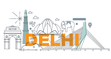 Typography word Delhi branding technology concept. Collection of flat vector web icons. Indian culture travel set, architectures, specialties detailed silhouette. Doodle famous landmarks.