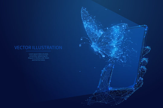 Abstract free internet or freelance work concept. Butterfly flies out of smartphone screen. Low poly wireframe digital vector illustration. Blue starry night sky style. Polygons and connected dots.