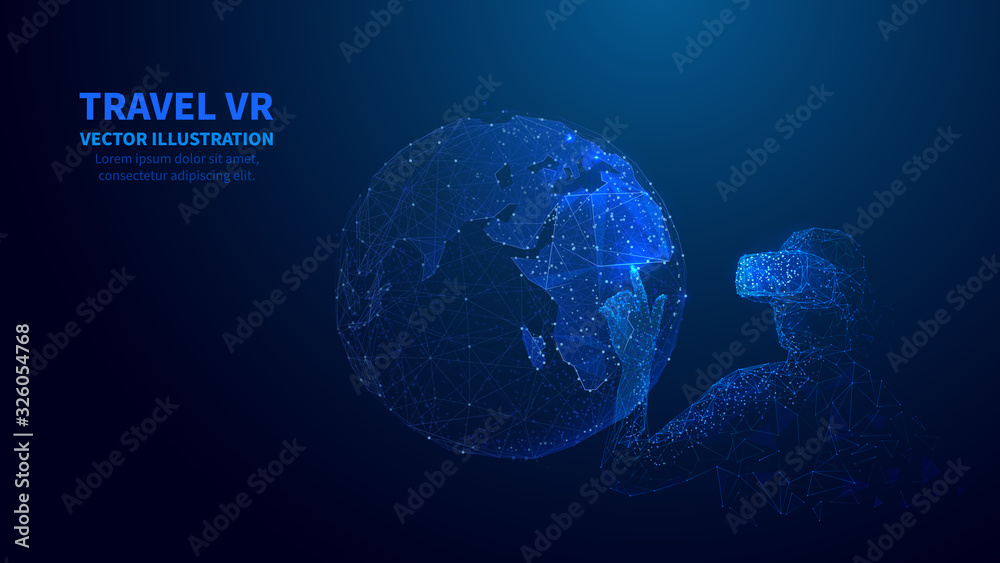 Poster Abstract 3D isolated man in  VR headset touches innovation visual of Earth. Low poly wireframe digital World globe and user on blue technology background. Polygons and connected dots and particles.