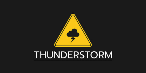 The banner of a thunderstorm threat with a warning sign the one is isolated on a solid black background. The concept is emergency situations.