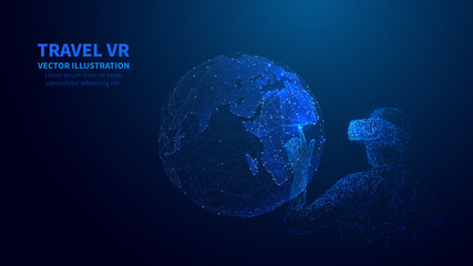 Obraz premium Abstract 3D isolated man in VR headset touches innovation visual of Earth. Low poly wireframe digital World globe and user on blue technology background. Polygons and connected dots and particles.