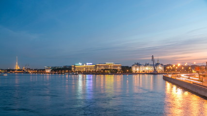 Fototapeta na wymiar Nakhimov Naval School and the Peter and Paul Fortress, the view from the Liteyniy bridge without Aurora day to night timelapse. St. Petersburg