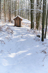 Small wooden house in winter forest.