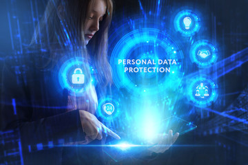 Business, Technology, Internet and network concept. Young businessman working on a virtual screen of the future and sees the inscription: Personal data protection