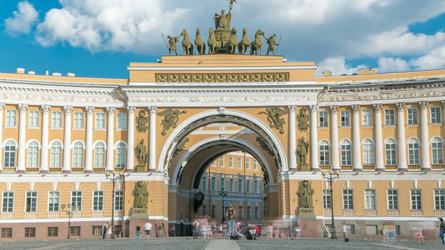 The General Staff building timelapse - a historic building, is located on the Palace Square in St. Petersburg.