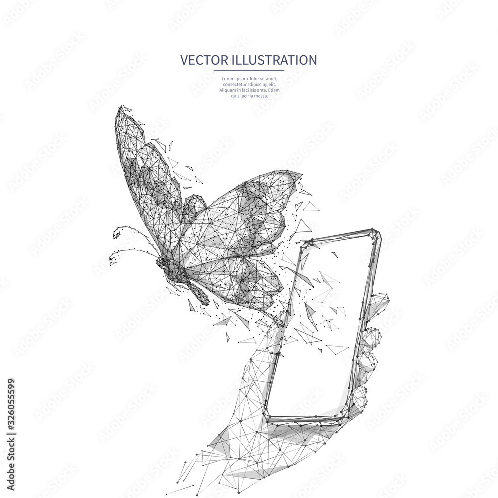 Poster Free internet concept. Free wifi metaphor isolated on white background. Polygonal butterfly flies out of smartphone screen in a hand. Low poly wireframe digital vector illustration. Polygons and dots.