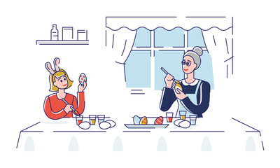 Happy Easter Concept. Happy Mother Decorating Easter Eggs With Daughter At Home. People Are Preparing For the Holiday. Cartoon Outline Linear Flat Vector illustration