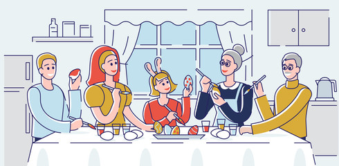Happy Easter Concept. Happy Family Decorating Easter Eggs At Home. People Are Spending Time Together in Home Environment And Preparing For the Holiday. Cartoon Outline Linear Flat Vector illustration