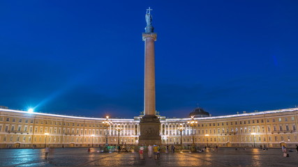 Fototapeta premium Palace Square night lights view of Alexander Column timelapse in St. Petersburg, Russia.