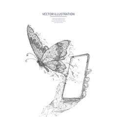 Fototapeta premium Free internet concept. Free wifi metaphor isolated on white background. Polygonal butterfly flies out of smartphone screen in a hand. Low poly wireframe digital vector illustration. Polygons and dots.