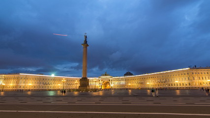 Palace Square night lights view of Alexander Column night to day timelapse  in St. Petersburg, Russia.