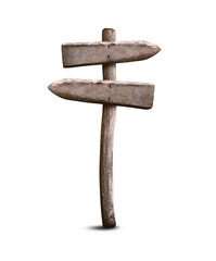 Empty Old Wooden Signpost Isolated on White Background. Left and Right Direction Guidepost Made from Weathered Wood.