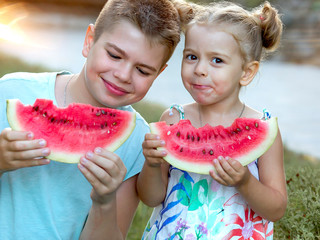 children eat juicy red watermelon in nature in summer when the heat