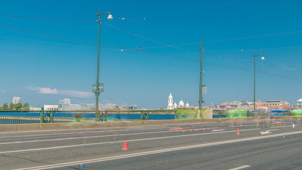 Fototapeta na wymiar Birzhevoy Bridge timelapse. XXVII International marathon in Saint Petersburg , Russia