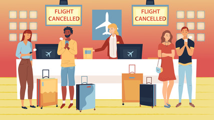 Concept Of Flight Delay or Cancel, Change Of Plans. Tired, Perplexed and Upset Of Flight Delay Passengers With Luggage Waiting For Departure At The Airport terminal. Cartoon Flat Vector Illustration