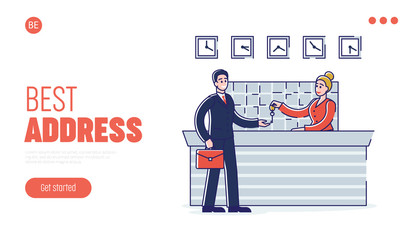Hotel Service Concept. Website Landing Page. Businessman is Staying in the Hotel. Receptionist Gives The Keys From Apartments To The Guest. Web Page Cartoon Outline Linear Flat Vector illustration