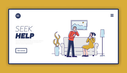 Health care and Common Cold Concept. Website Landing Page. Man And Woman are Sneezing. Ill People With Allergy, Influenza Symptoms. Web Page Cartoon Outline Linear Flat Vector illustration